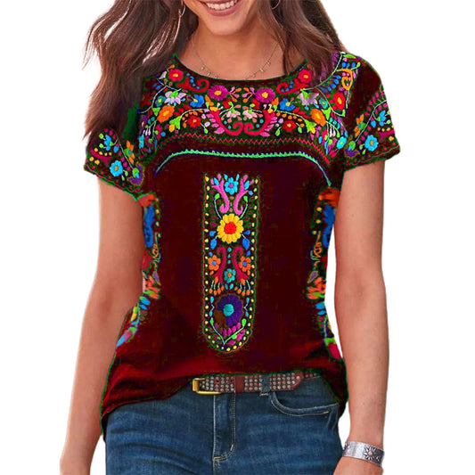 T-shirt bohème avec broderie colorée et motif floral