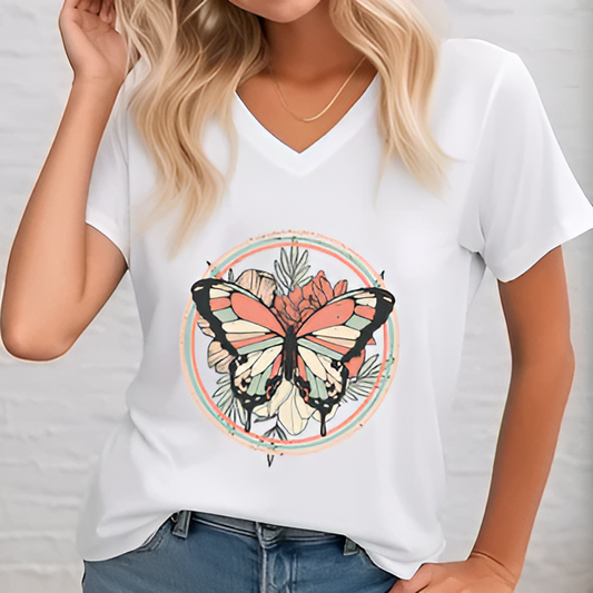 T-shirt Lady avec un col en V et une impression de papillon
