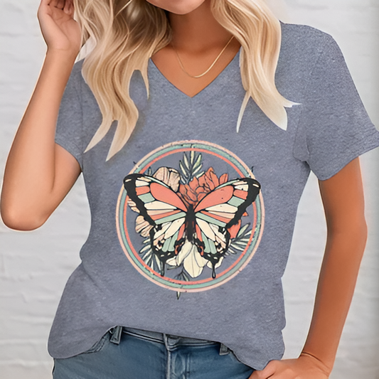 T-shirt Lady avec un col en V et une impression de papillon