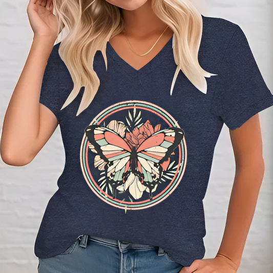T-shirt Lady avec un col en V et une impression de papillon