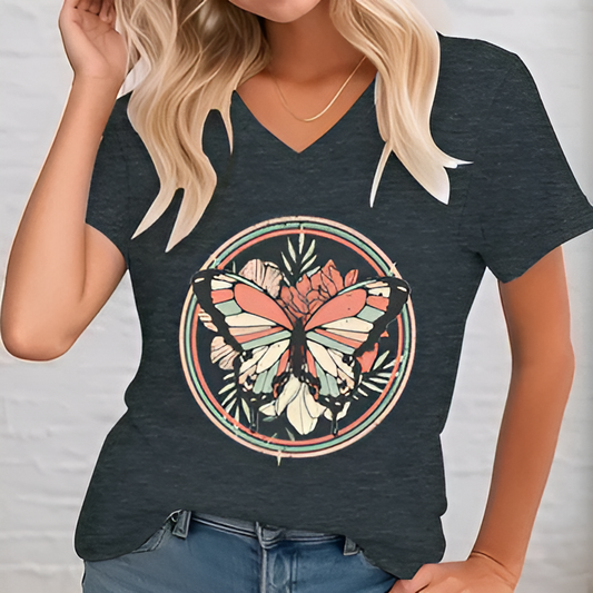 T-shirt Lady avec un col en V et une impression de papillon