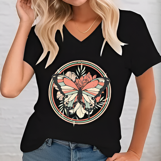 T-shirt Lady avec un col en V et une impression de papillon
