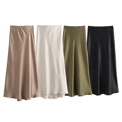 Jupe Longue Femme Élastique Taille Haute Satin A-Line Élégante et Confortable