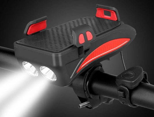 Gadget multifonctionnel 4-en-1 pour vélo avec support de téléphone, batterie externe, lumière LED et klaxon