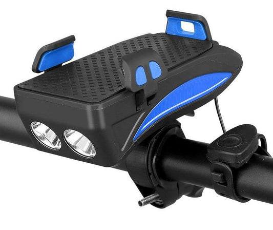 Gadget multifonctionnel 4-en-1 pour vélo avec support de téléphone, batterie externe, lumière LED et klaxon