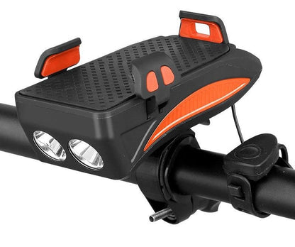 Gadget multifonctionnel 4-en-1 pour vélo avec support de téléphone, batterie externe, lumière LED et klaxon