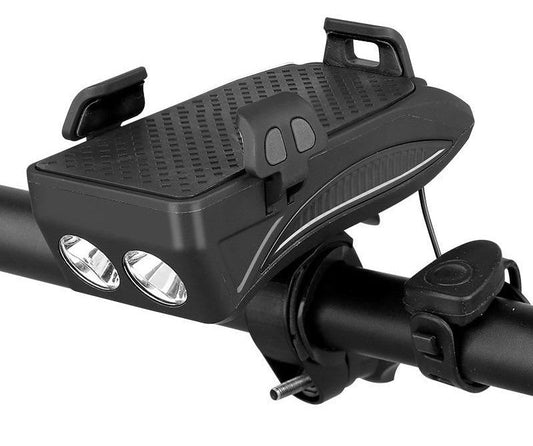 Gadget multifonctionnel 4-en-1 pour vélo avec support de téléphone, batterie externe, lumière LED et klaxon