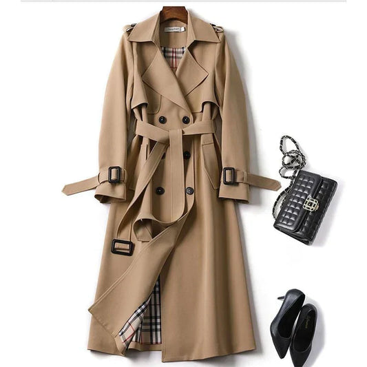 Trench Long Trench Classic pour femmes - Veste à double ligne avec ceinture