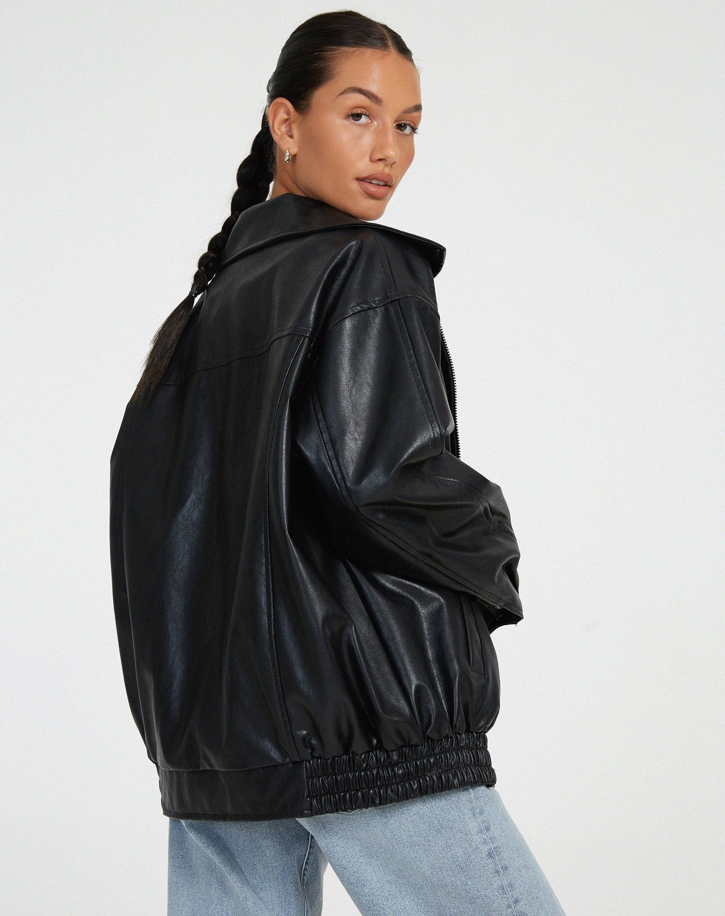Veste en cuir artificiel surdimensionné pour dames - Bomber décontractée avec fermeture éclair