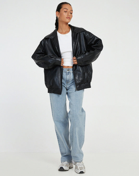Veste en cuir artificiel surdimensionné pour dames - Bomber décontractée avec fermeture éclair
