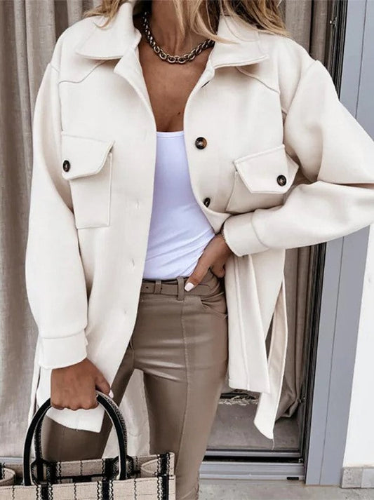 Veste de chemise surdimensionnée pour dames - veste de chemise à manches longues détendue avec boutons