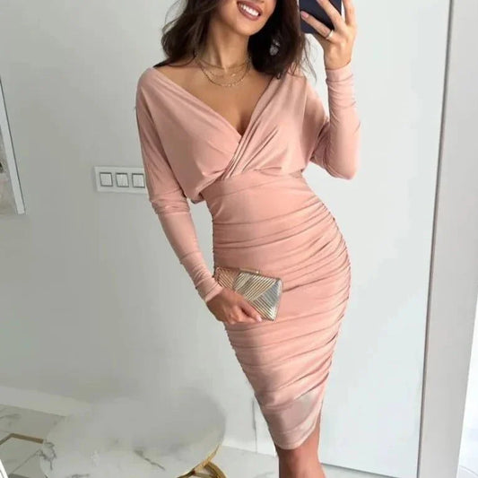 Robe Élégante à Décolleté en V et Manches Longues pour Femmes
