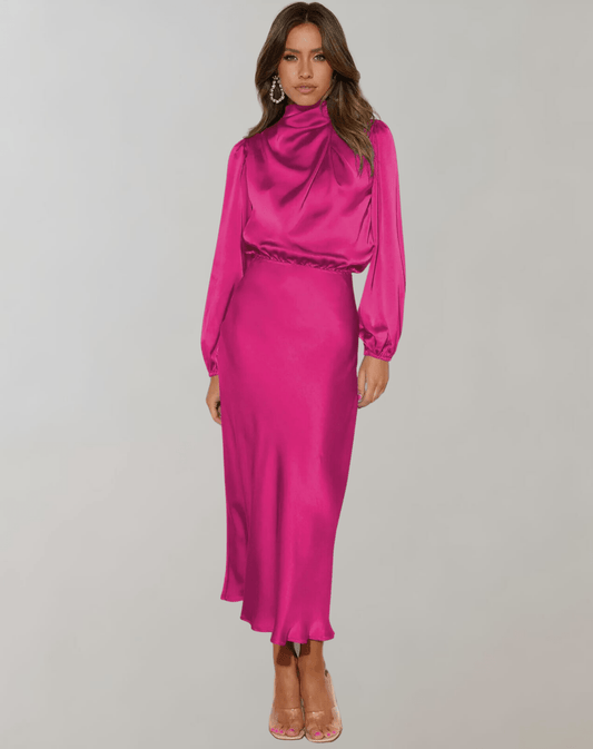 Robe Élégante à Manches Longues en Satin pour Femmes