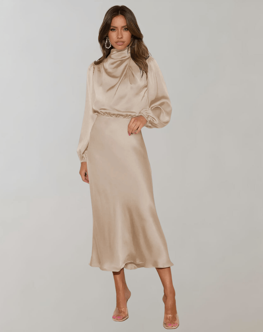 Robe Élégante à Manches Longues en Satin pour Femmes