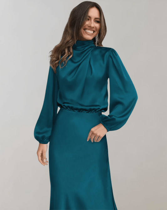 Robe Élégante à Manches Longues en Satin pour Femmes