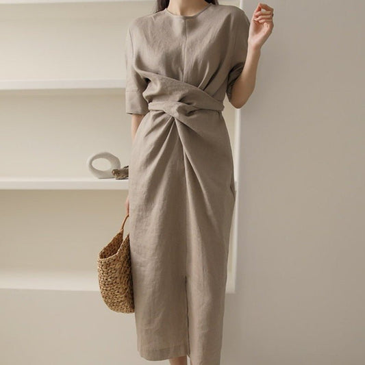Robe Élégante en Lin Kaki pour Femmes