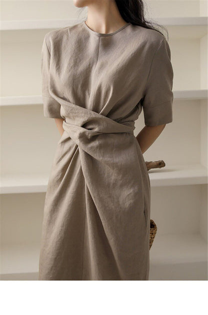 Robe Élégante en Lin Kaki pour Femmes