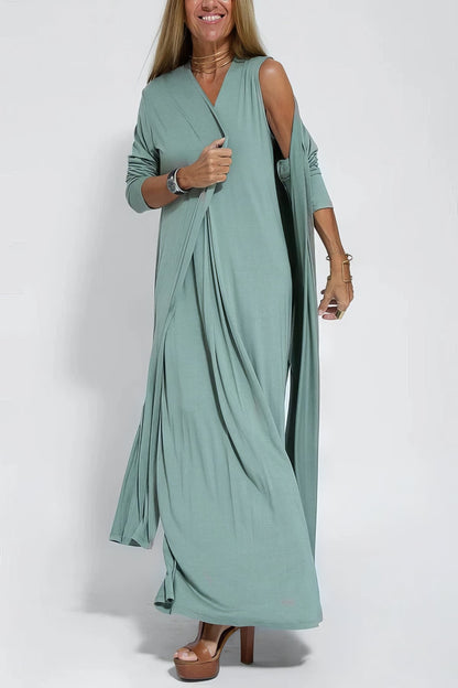 Robe Longue Col V Sans Manches avec Cardigan Assorti – Style Décontracté Élégant