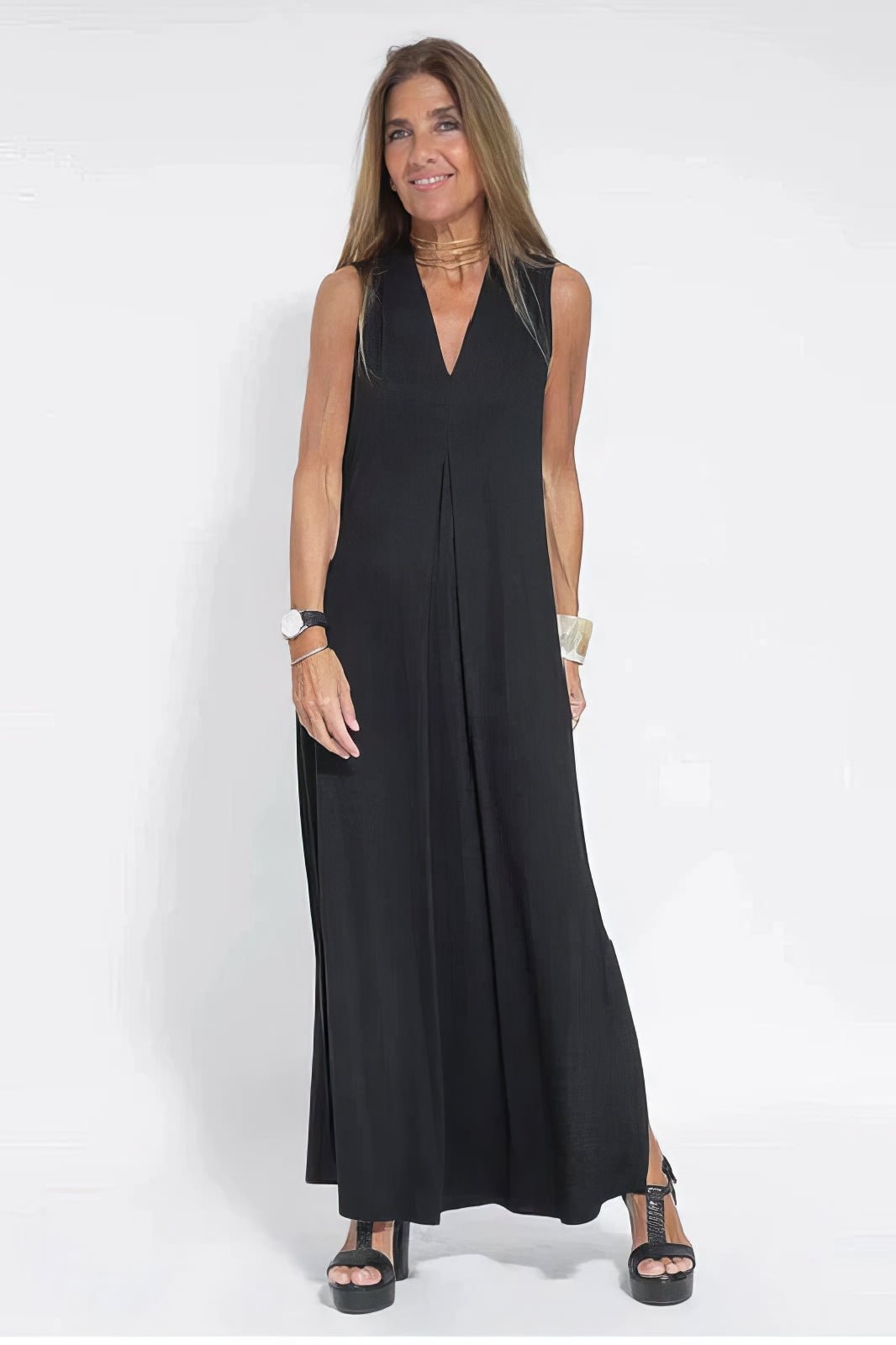 Robe Longue Col V Sans Manches avec Cardigan Assorti – Style Décontracté Élégant