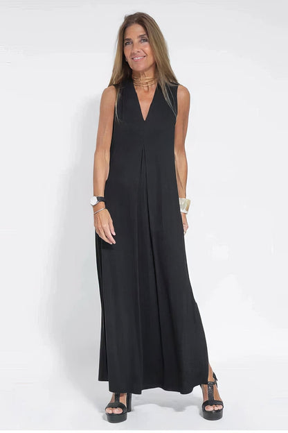 Robe Longue Col V Sans Manches avec Cardigan Assorti – Style Décontracté Élégant