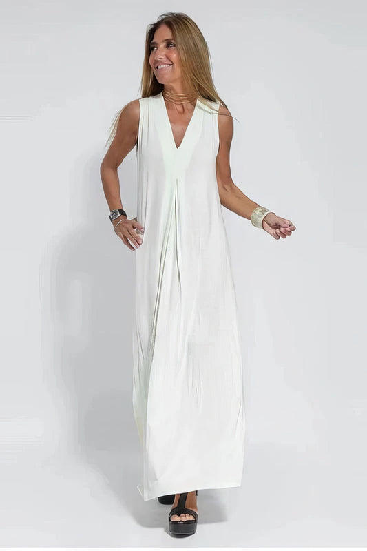 Robe Longue Col V Sans Manches avec Cardigan Assorti – Style Décontracté Élégant