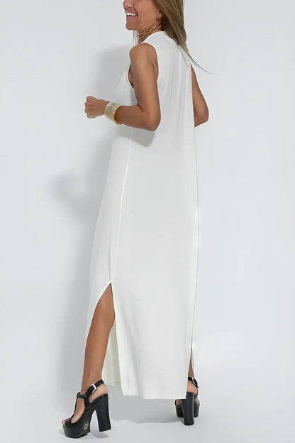 Robe Longue Col V Sans Manches avec Cardigan Assorti – Style Décontracté Élégant