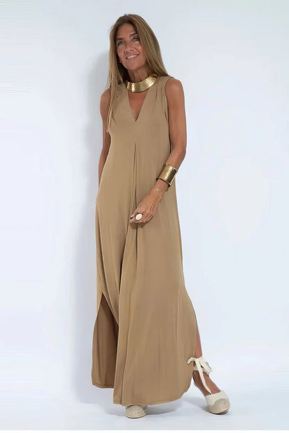 Robe Longue Col V Sans Manches avec Cardigan Assorti – Style Décontracté Élégant