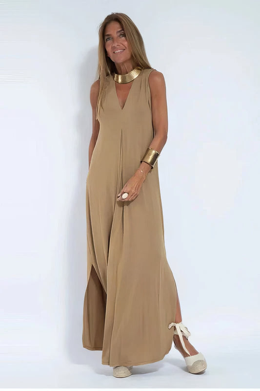 Robe Longue Col V Sans Manches avec Cardigan Assorti – Style Décontracté Élégant