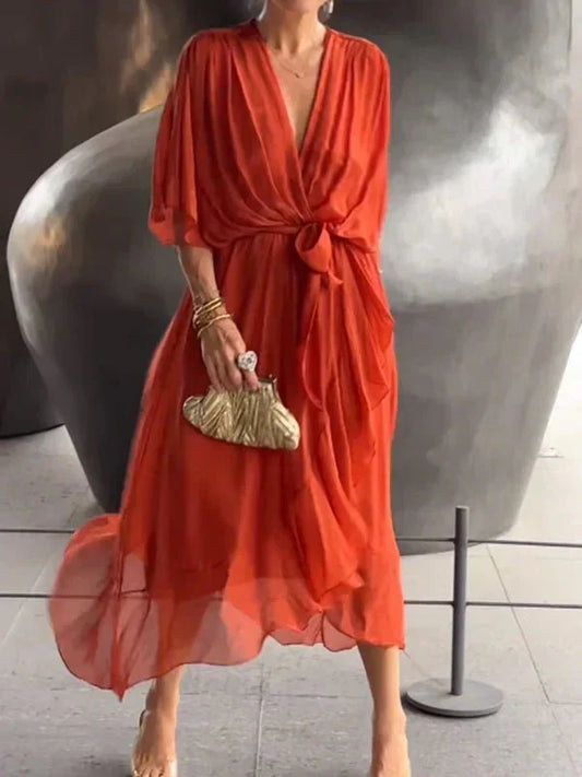 Robe Longue Élégante à Décolleté en V pour Femmes