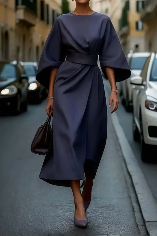 Robe Midi Ceinturée à Manches Bouffantes pour Femmes