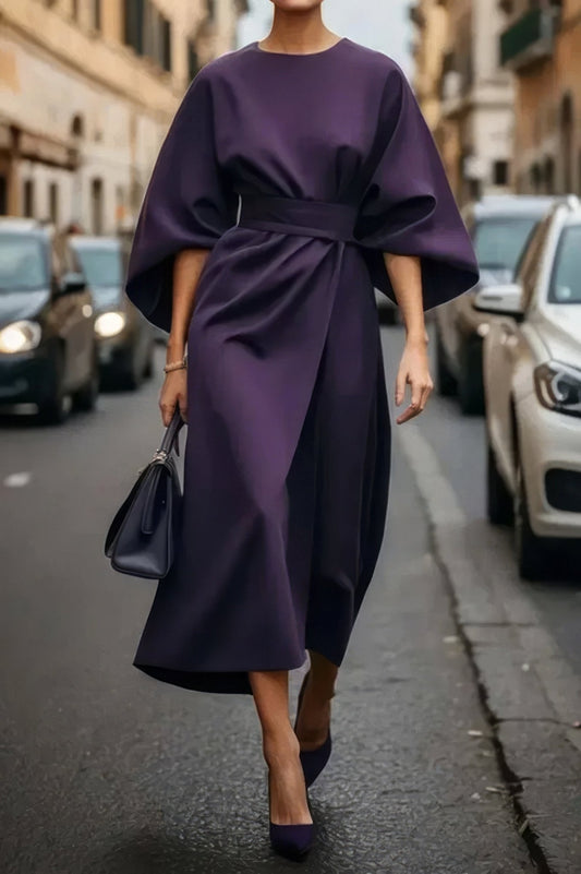 Robe Midi Ceinturée à Manches Bouffantes pour Femmes