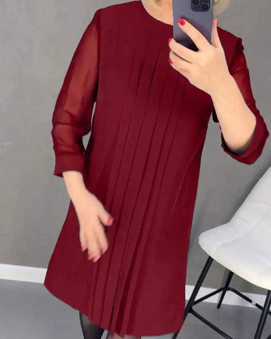 Robe Plissée Mi-Longue à Manches Longues