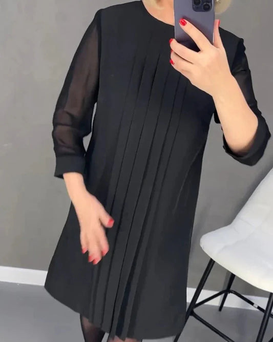 Robe Plissée Mi-Longue à Manches Longues