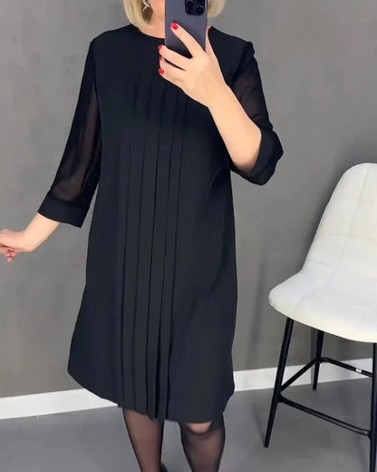 Robe Plissée Mi-Longue à Manches Longues