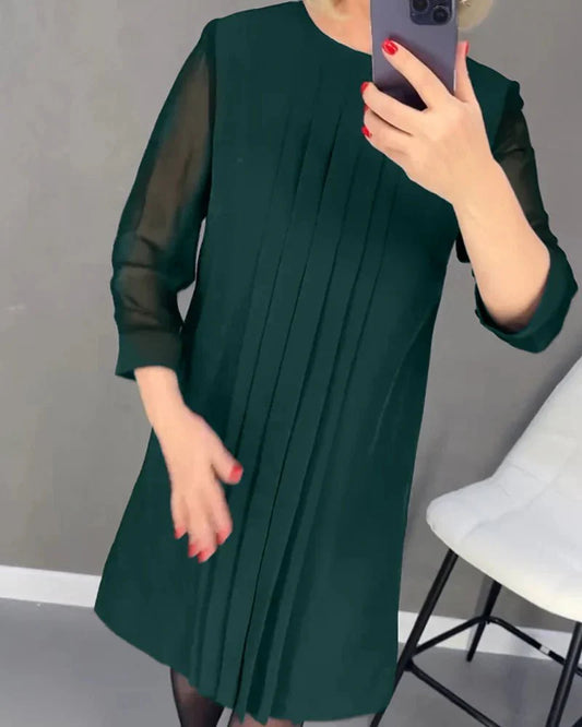 Robe Plissée Mi-Longue à Manches Longues