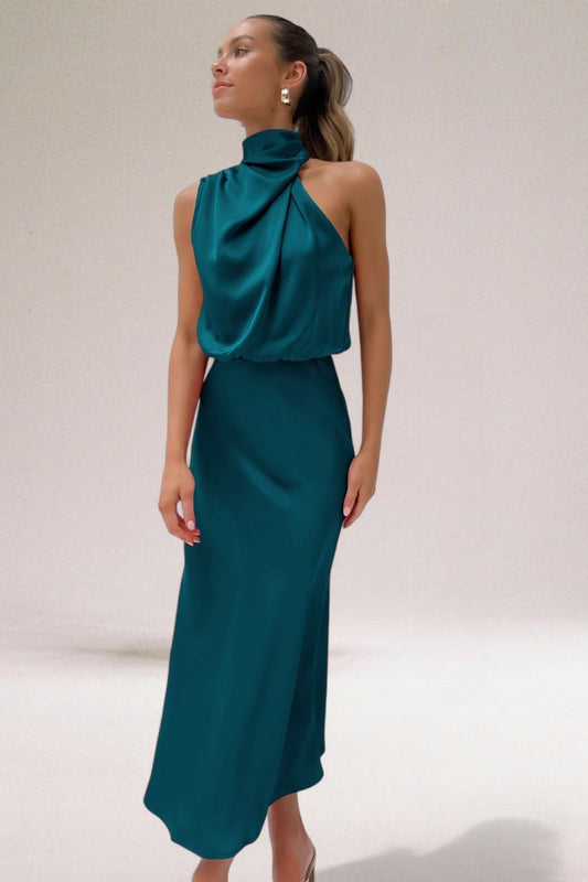 Robe Satinée Élégante avec Décolleté Halter pour Femmes