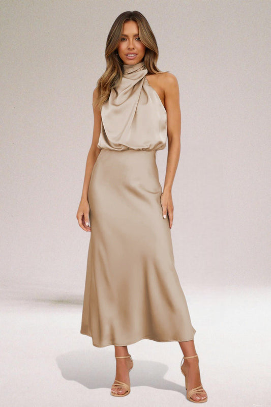 Robe Satinée Élégante avec Décolleté Halter pour Femmes