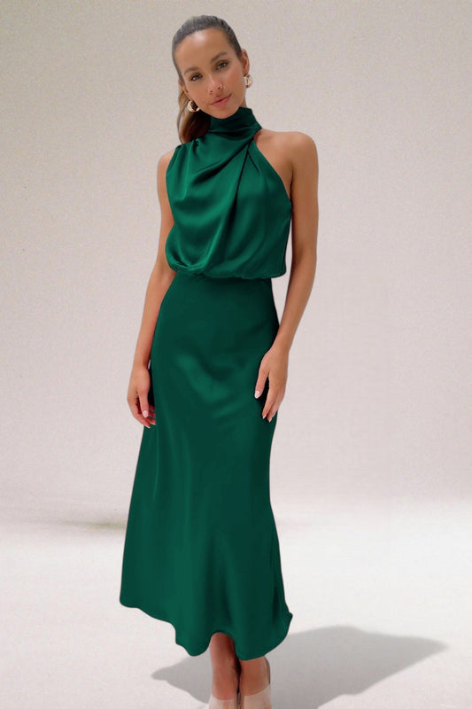 Robe Satinée Élégante avec Décolleté Halter pour Femmes