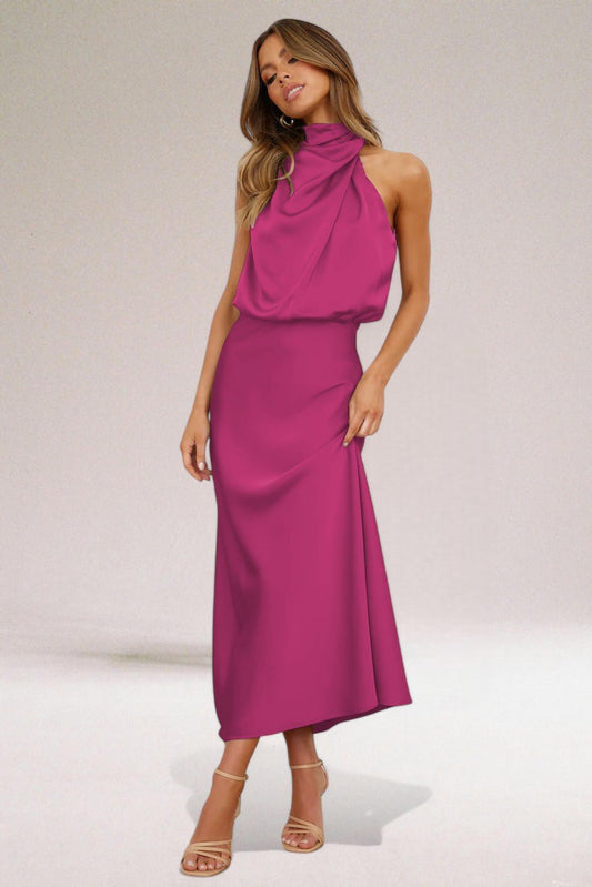 Robe Satinée Élégante avec Décolleté Halter pour Femmes