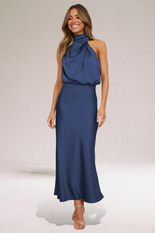 Robe Satinée Élégante avec Décolleté Halter pour Femmes