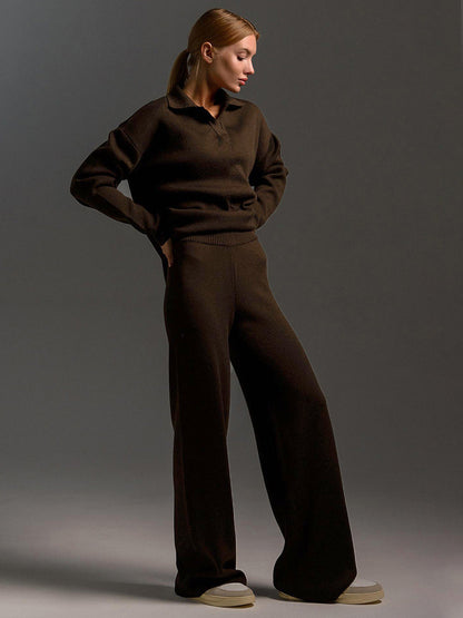 Tricot deux pièces pour femmes avec col polo et jambes larges - Confort intemporel pour le quotidien et les loisirs