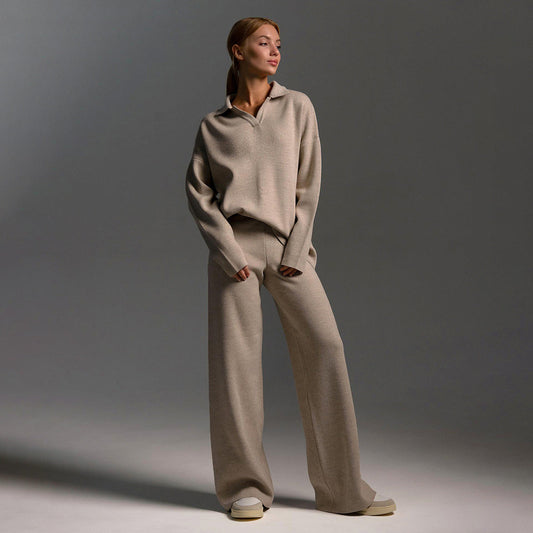 Tricot deux pièces pour femmes avec col polo et jambes larges - Confort intemporel pour le quotidien et les loisirs