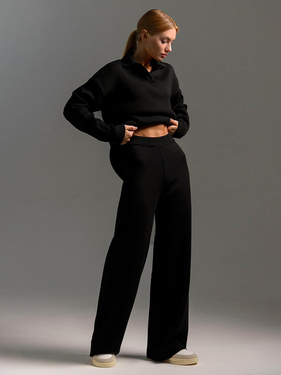 Tricot deux pièces pour femmes avec col polo et jambes larges - Confort intemporel pour le quotidien et les loisirs
